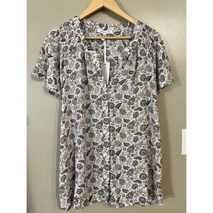 Rose Olive Womens Floral Boho Button Up Blouse V Neck Long Sleeves 1X NWT